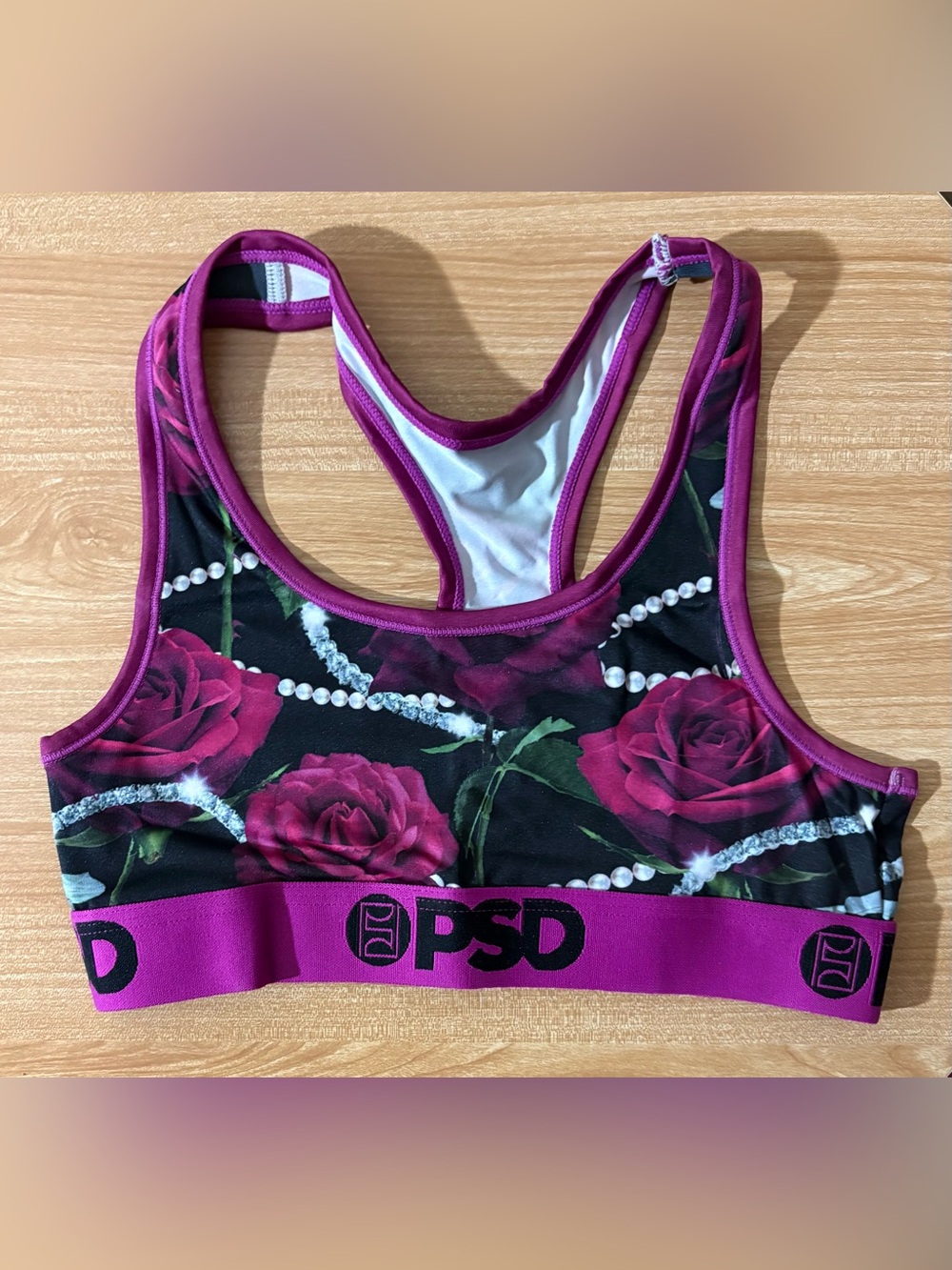 PSD Diamond & Pearls Racerback Sports Bra/Dry Tech Purple Magenta Roses Size S